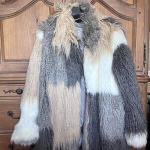 Fabulous Furs by Donna Saylers Patchwork Knee Length Faux Fur Coat